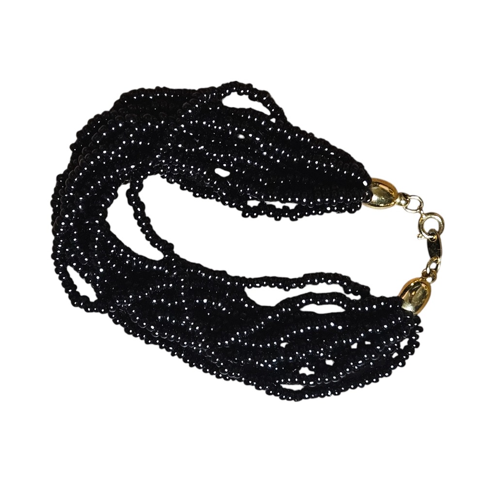 Trifari Black Glass Seed Multi Strand Beaded Bracelet Gold Tone Signed Glam 90s - Picture 6 of 8